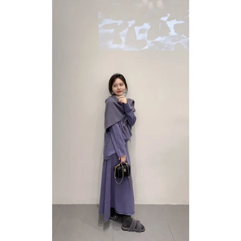 2025早秋新款韩系气质名媛小香风紫色显瘦针织衫半身裙披肩三件套