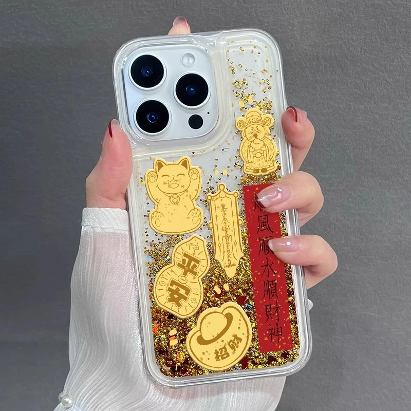 适用苹果16/华为/小米/oppo/vivo新年蛇年招财猫流沙透明手机壳