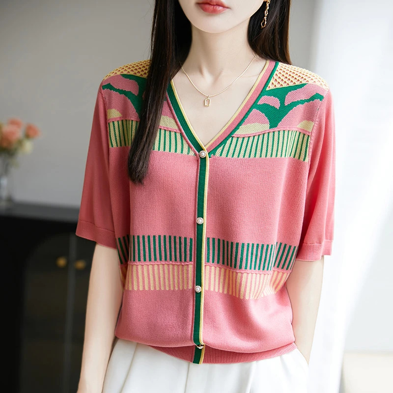 品牌撤柜清仓女装V领提花拼色洋气亲肤柔软针织宽松短袖t恤衫薄