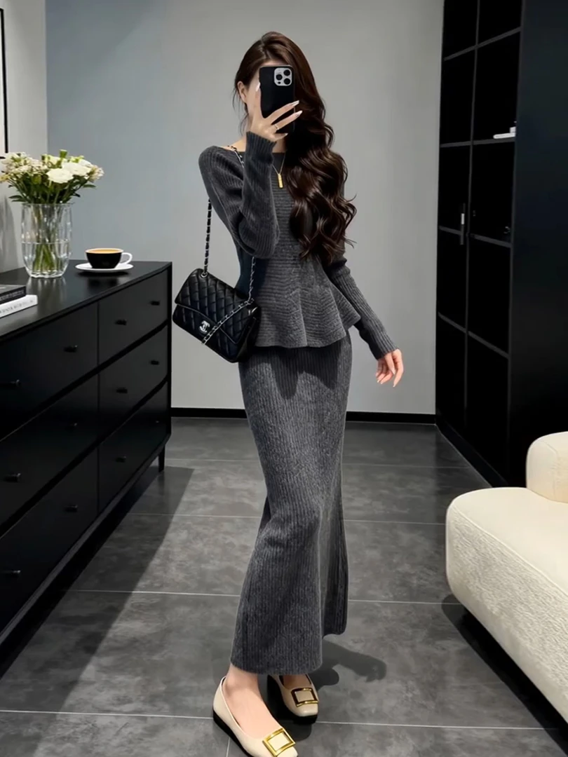冬季贵气清冷感御姐穿搭高级感盐系轻熟小众不撞款灰色针织套装裙
