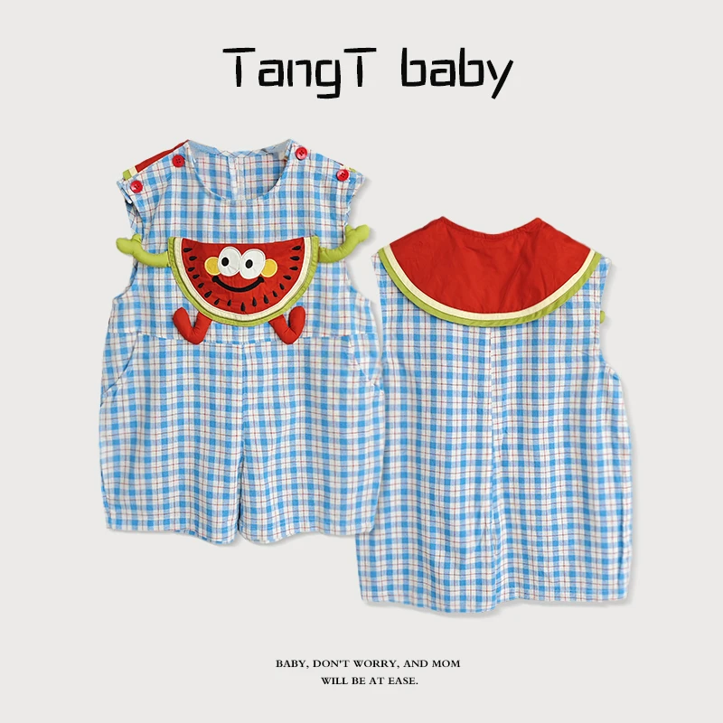 儿童无袖爬服格纹西瓜纽扣肩带舒适自在夏日游玩婴幼儿夏天衣服