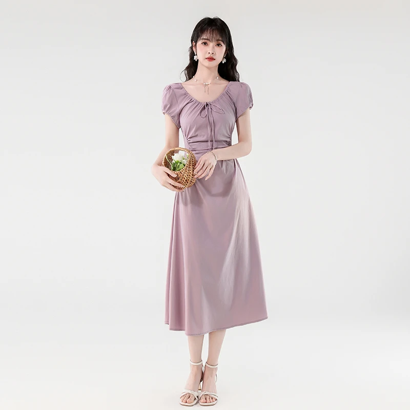 2025夏新款韩版甜美减龄抽绳系带褶皱收腰弹力显瘦长款连衣裙