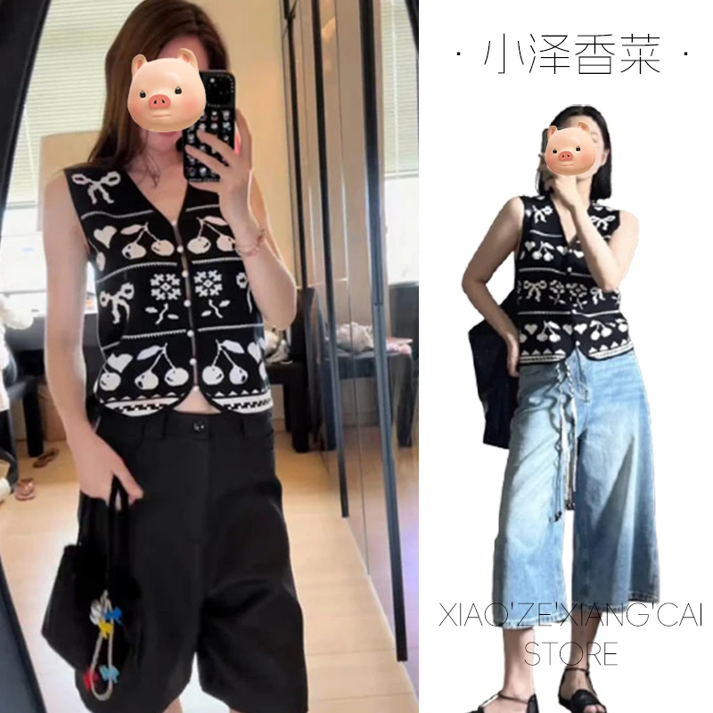 老钱风穿搭法式V领黑色冰丝针织开衫女夏季宽松无袖马甲背心上衣