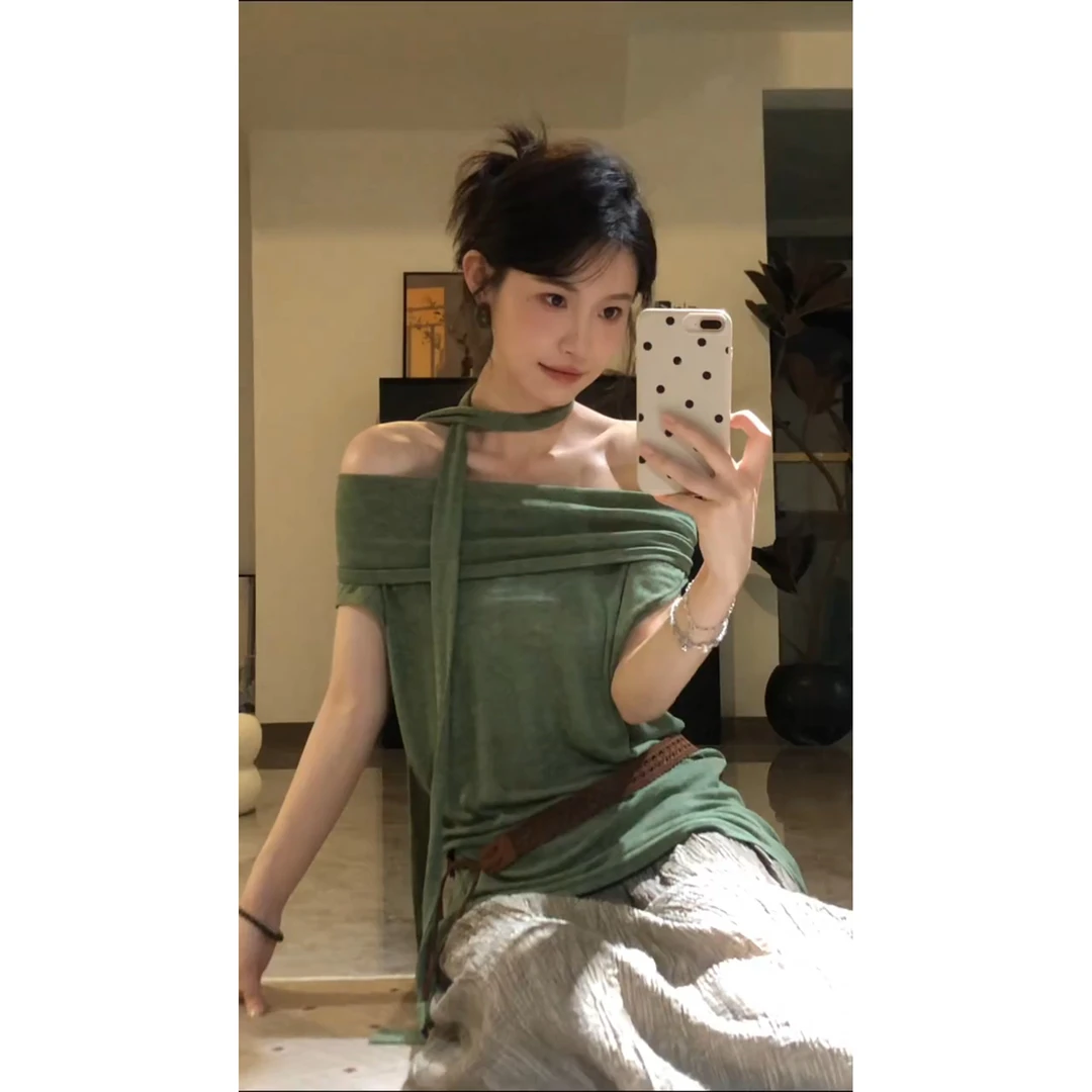 美式通勤简约斜肩多穿法绑带上衣女夏季新款高腰慵懒半身裙两件套