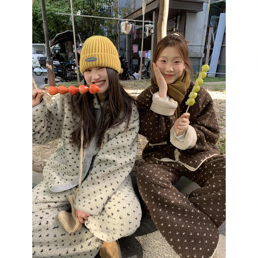 韩版设计感小众珊瑚绒睡衣女秋冬季加厚开衫外套毛茸茸家居服套装