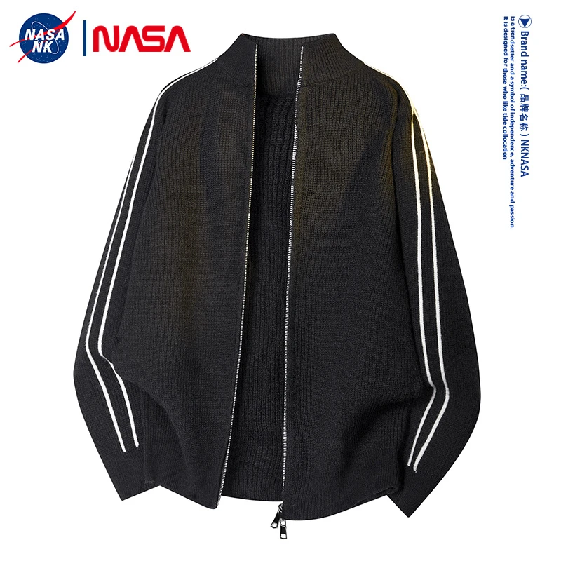 NASA联名美式复古开衫外套男秋冬季高级感立领上衣宽松线衣服夹克