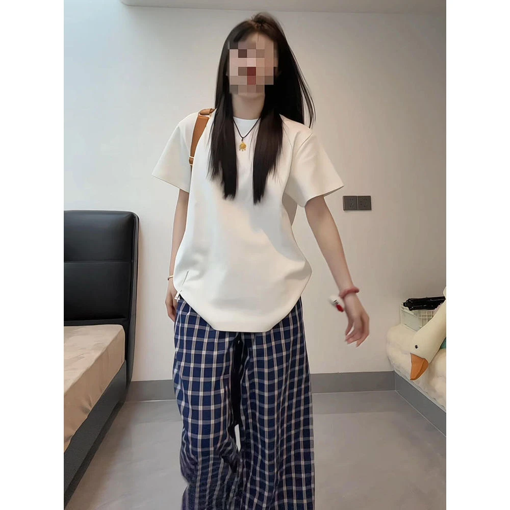 白色圆领纯棉正肩宽松短袖t恤女2025夏季基础款百搭2025新款上衣