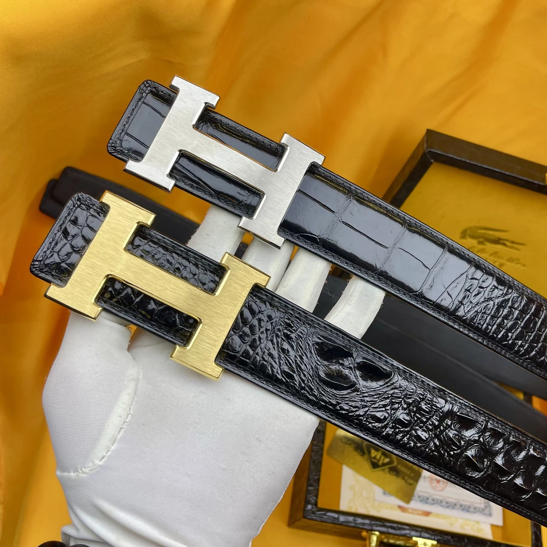 仈玛男款高端鳄鱼真皮裤腰带商务黑色男士高端休闲打孔扣稀有皮带
