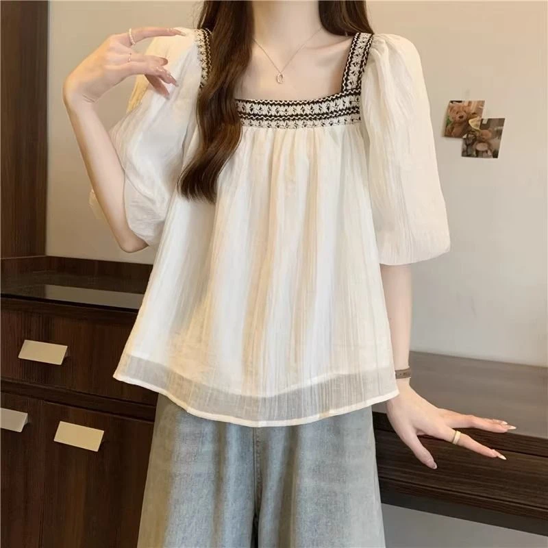 大码法式方领短袖衬衫女夏季设计感小众胖mm遮肚子显瘦娃娃衫上衣