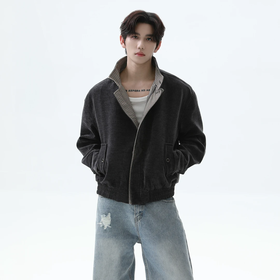 TURNTIDE 老钱复古假两件千鸟格哈灵顿夹克秋冬通勤立领廓形外套