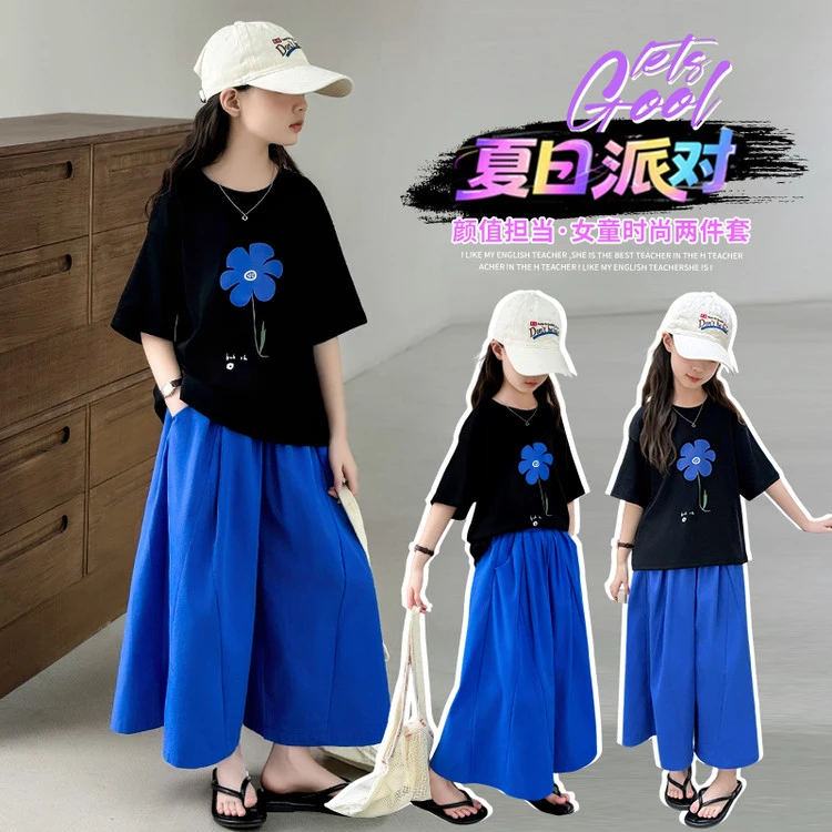 女童夏装套装2025新款夏季休闲洋气卡通花朵蓝短袖短裤中大童套装