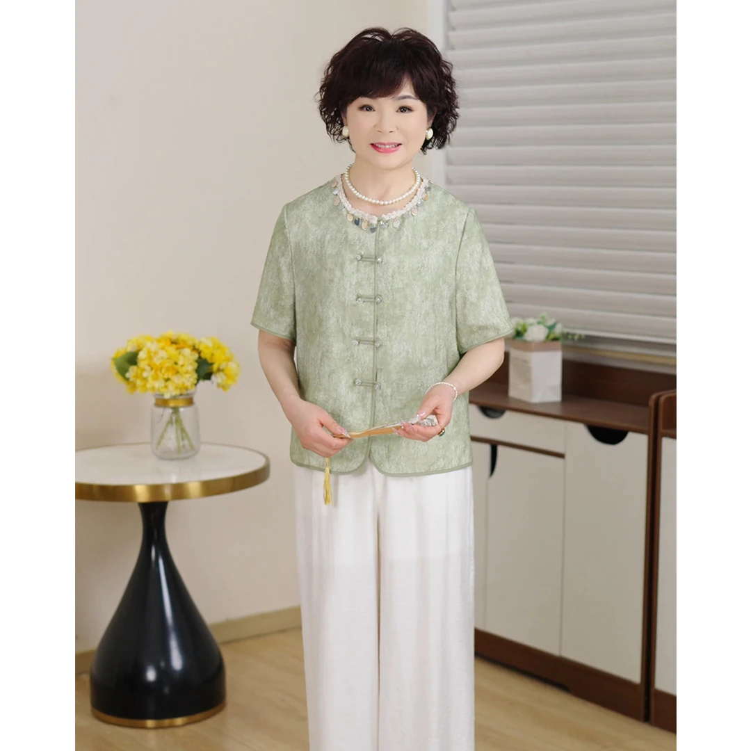 MUYUEZI/中年妈妈夏新款洋气中老年时尚大码中袖显瘦上衣套装