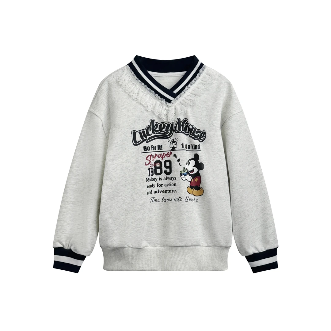 熙爱2025春季新款女童休闲领口印花蕾丝拼接圆领时尚卫衣25801