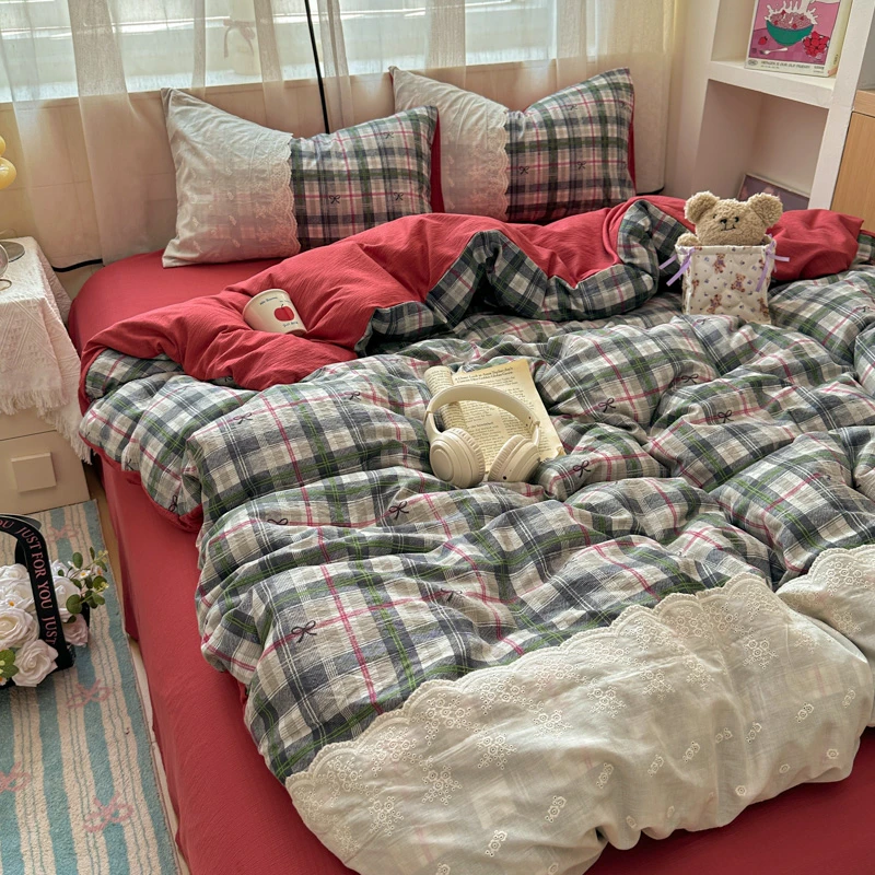 【床单/床笠款】格子A类法式小清新皱皱纱花边蕾丝木棉双层纱套件