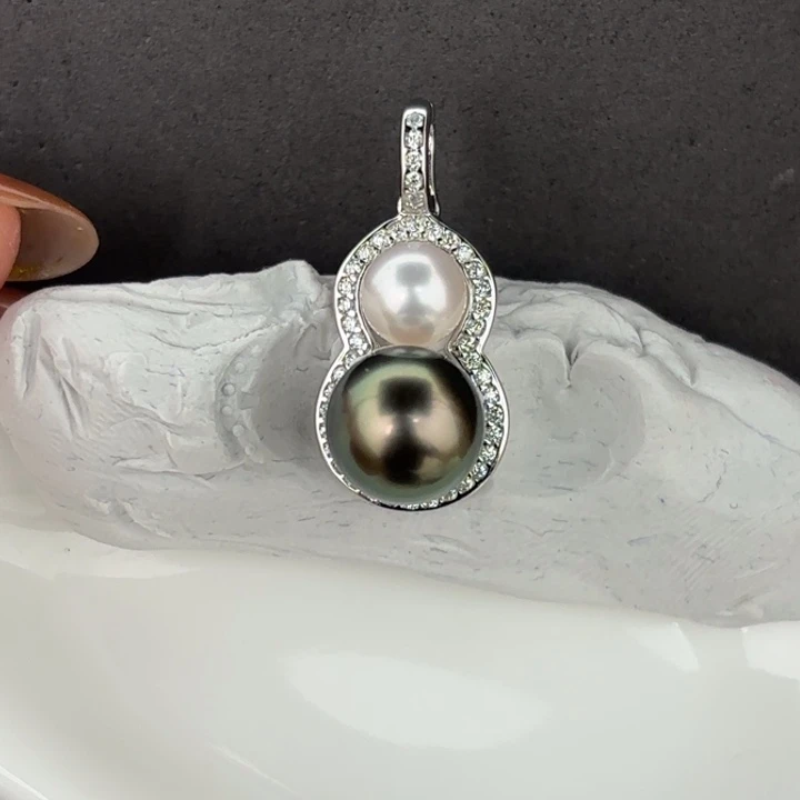 定制海水珍珠银S925镶嵌耳饰9.1mm大溪地一颗6.1mmak一颗双珠款