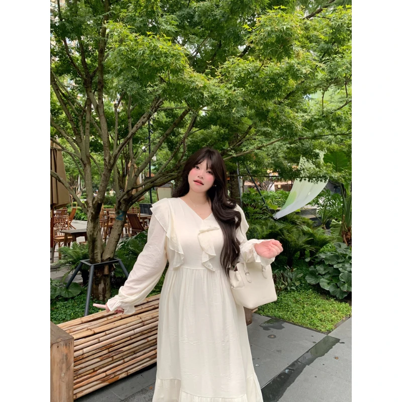 dese嘚瑟软糖法式荷叶边长袖连衣裙女秋季新款设计感高腰显瘦长裙