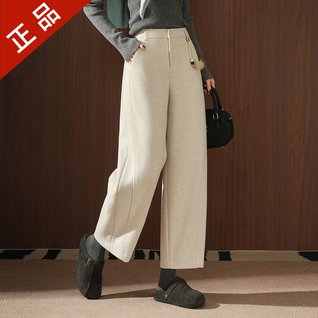 正品哥弟新款羊毛呢弯刀休闲裤女2025秋冬高腰百搭九分阔腿镰刀裤