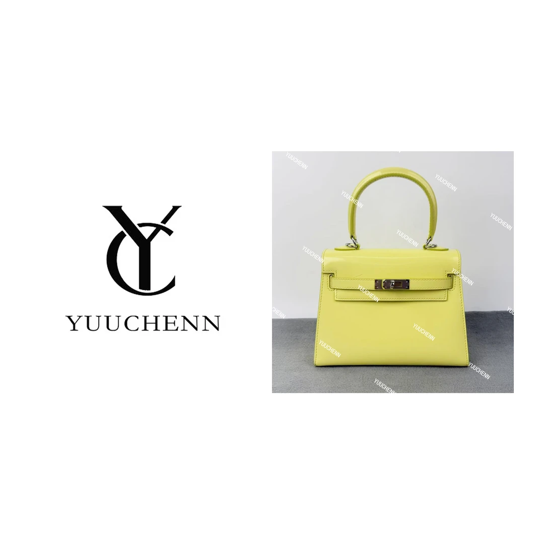 YUUCHENN/【kelly】包包进口box皮21cm 黄色拼水泥灰 HH6026