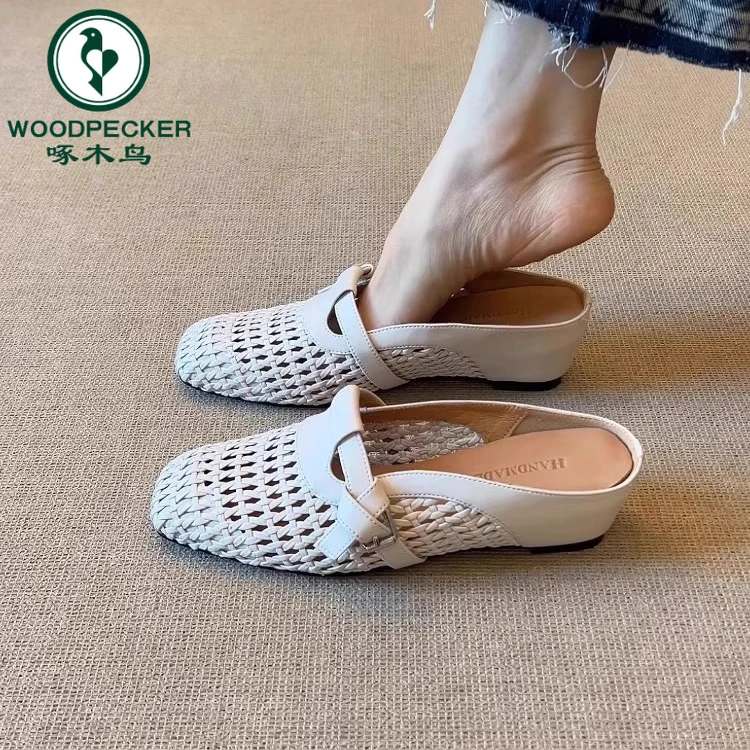 啄木鸟包头半拖鞋女夏外穿内增高勃肯洞洞鞋一脚蹬编织透气凉单鞋