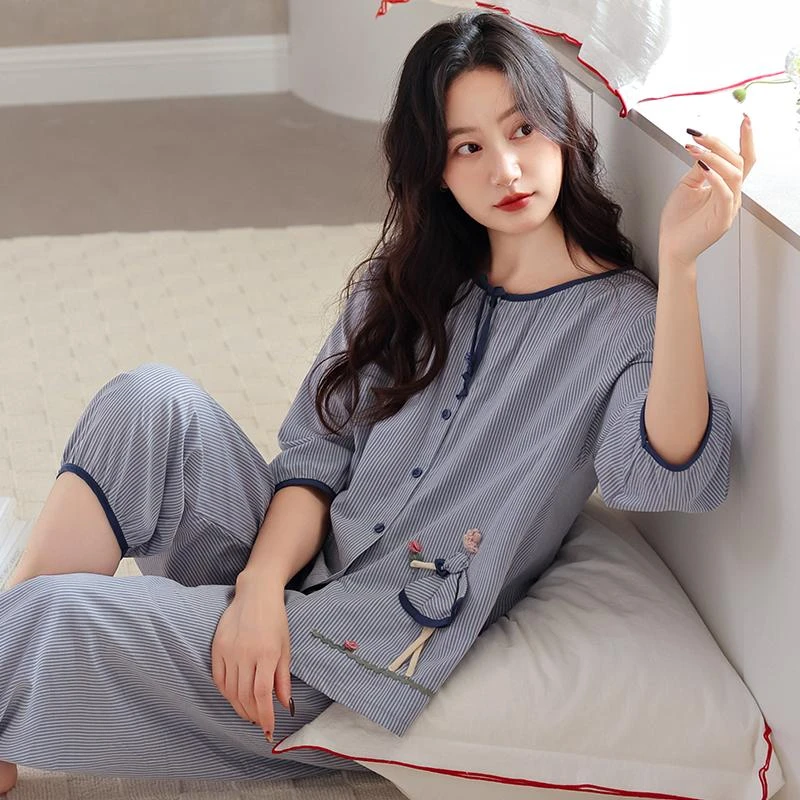 2025年新款睡衣女春秋季纯棉长袖圆领休闲风全棉套装可外穿家居服