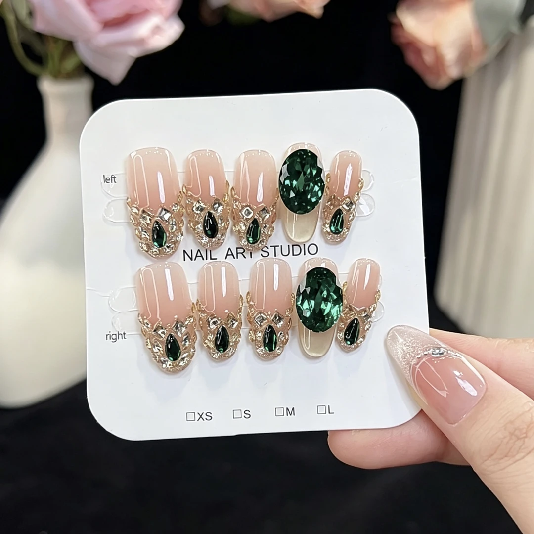 【翡翠扶摇】纯手工鎏金显白K9奢华新款轻奢百搭设计穿戴甲美甲