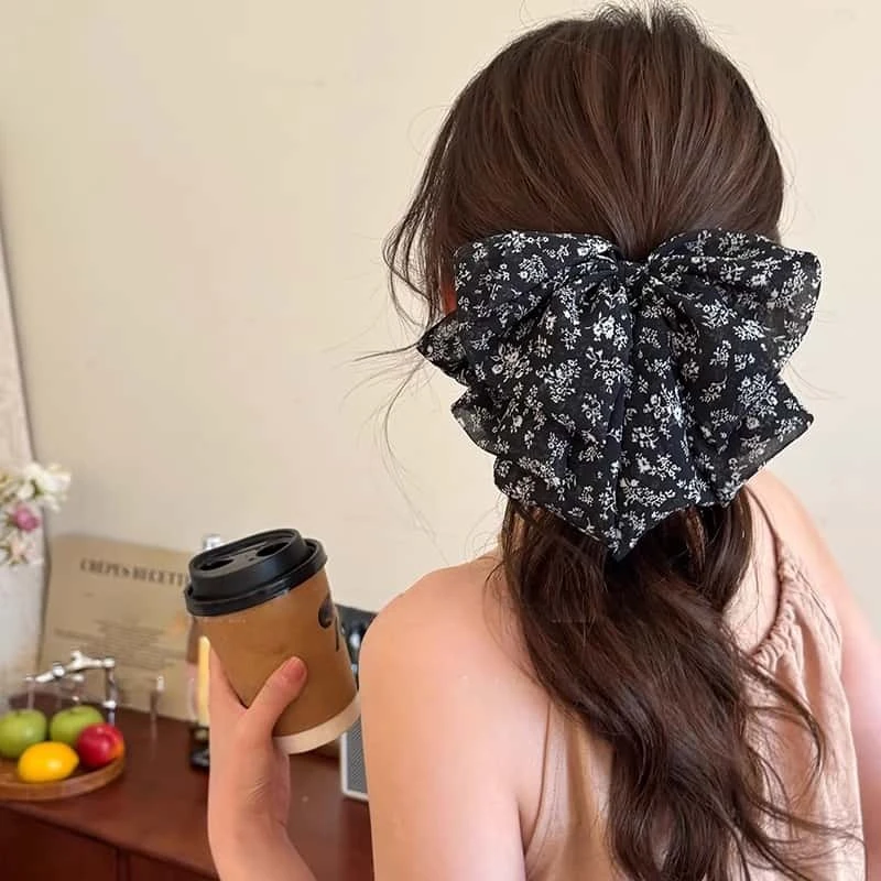春日古堡~超仙碎花雪纺蝴蝶结发夹女后脑勺高端马尾抓夹2025新款
