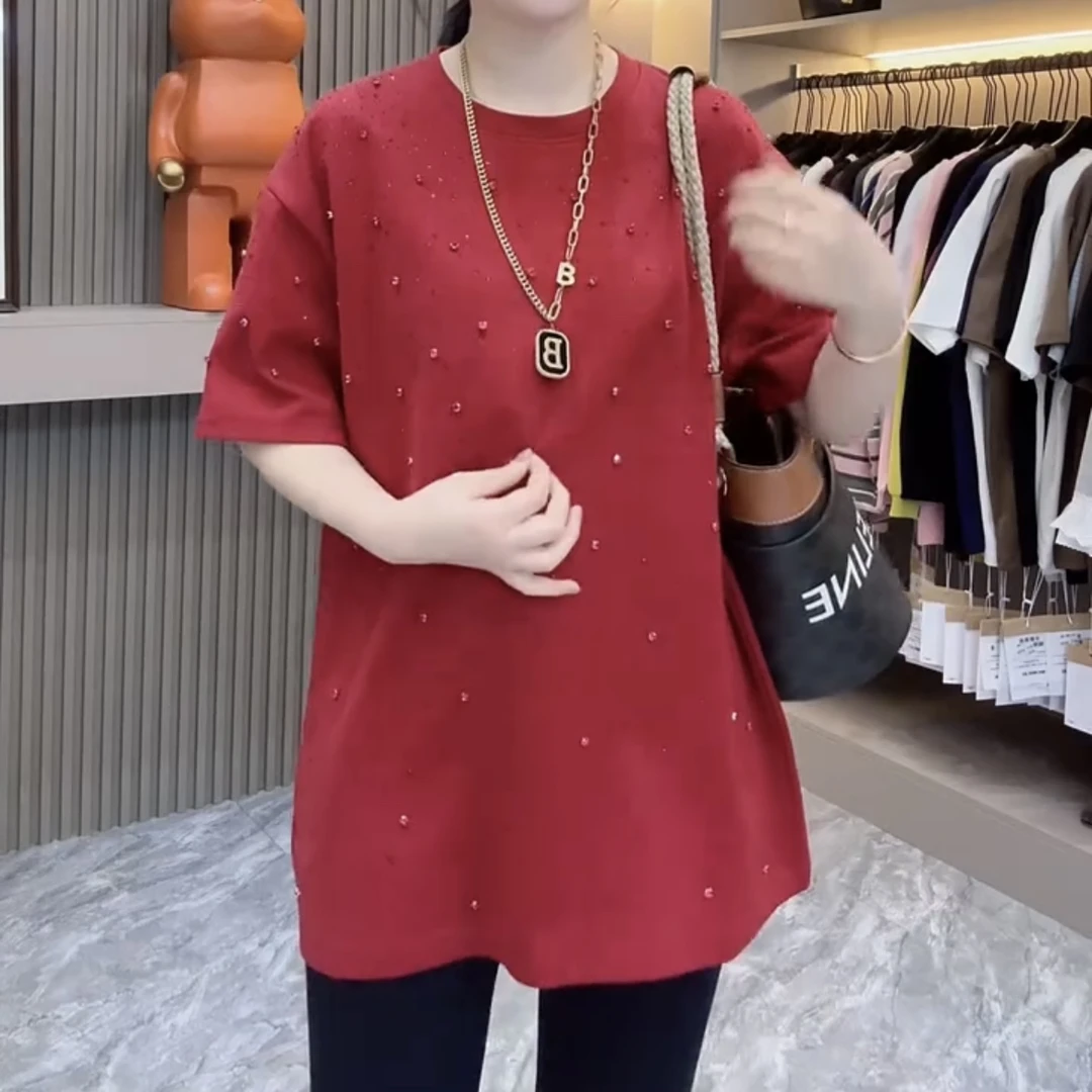新年红时尚洋气短袖显瘦满天星钉珠圆领短袖上衣