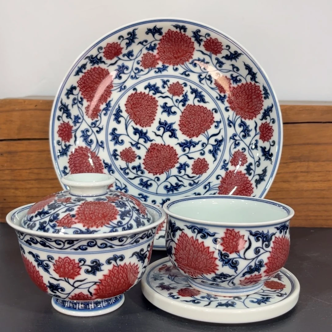 青花釉里红霸王菊四件套 可拆分