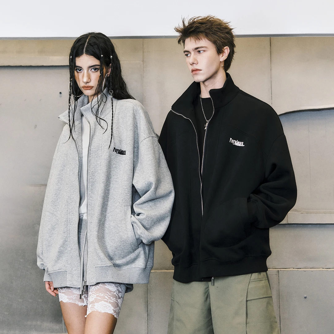 FORNINES新款立领刺绣重磅加绒卫衣男女潮牌春秋加厚开衫美式外套