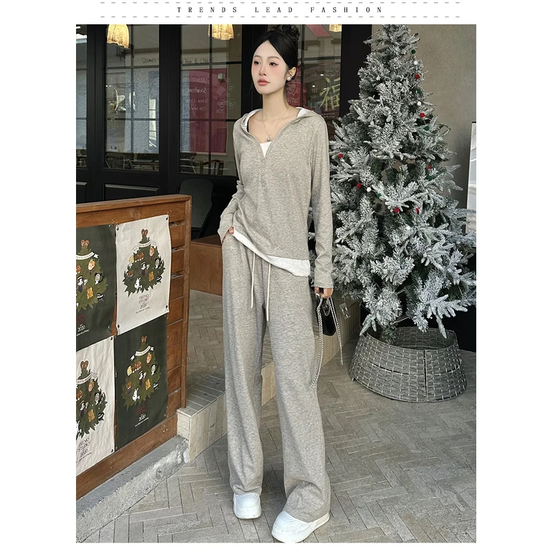 【锦衣服饰】FWY 8811韩系糯米连帽假两件T抽绳阔腿裤套装