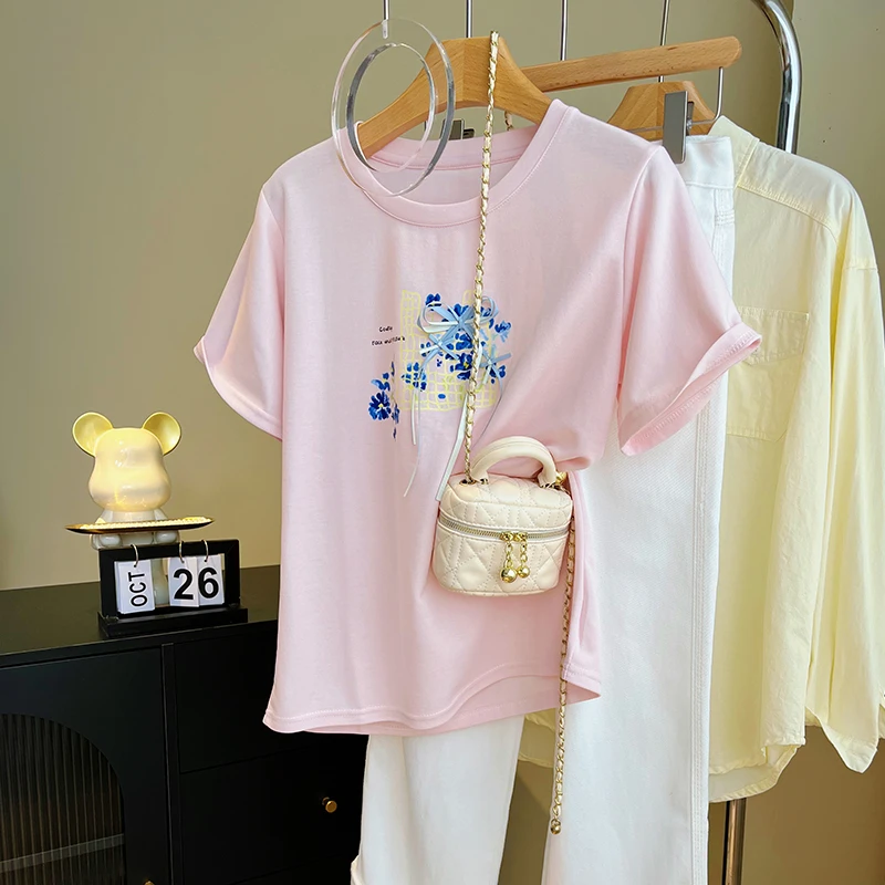 粉色正肩圆领短袖t恤女夏2025新款宽松洋气花卉印花体恤半袖上衣