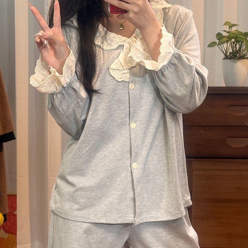 春秋冬季睡衣女可爱小翻领花边甜美减龄娃娃衫可外穿韩版家居服