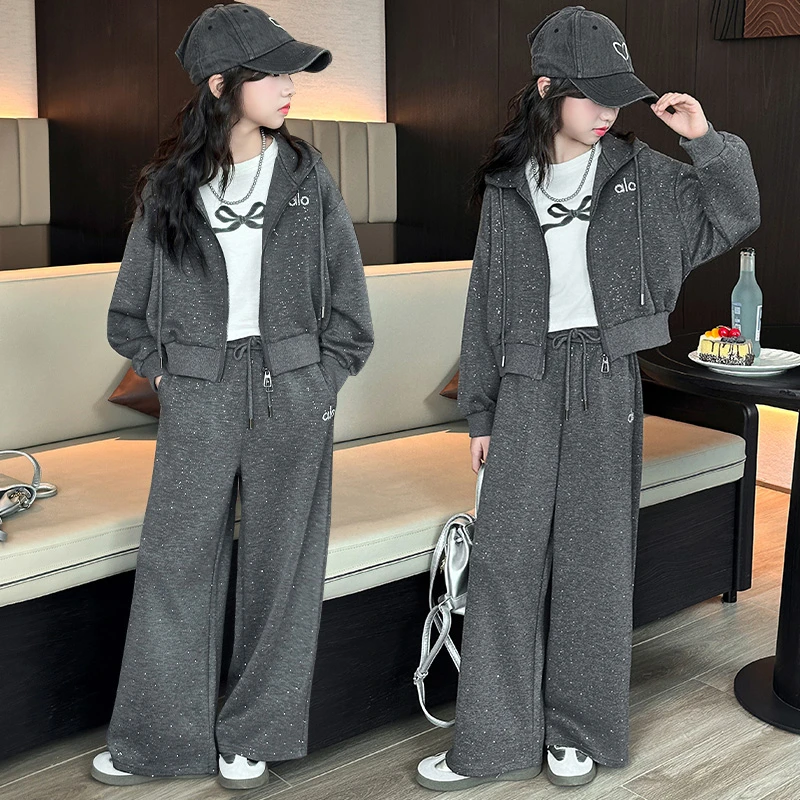 女童秋季套装中大童2025新款洋气女孩开衫连帽卫衣运动卫裤两件套