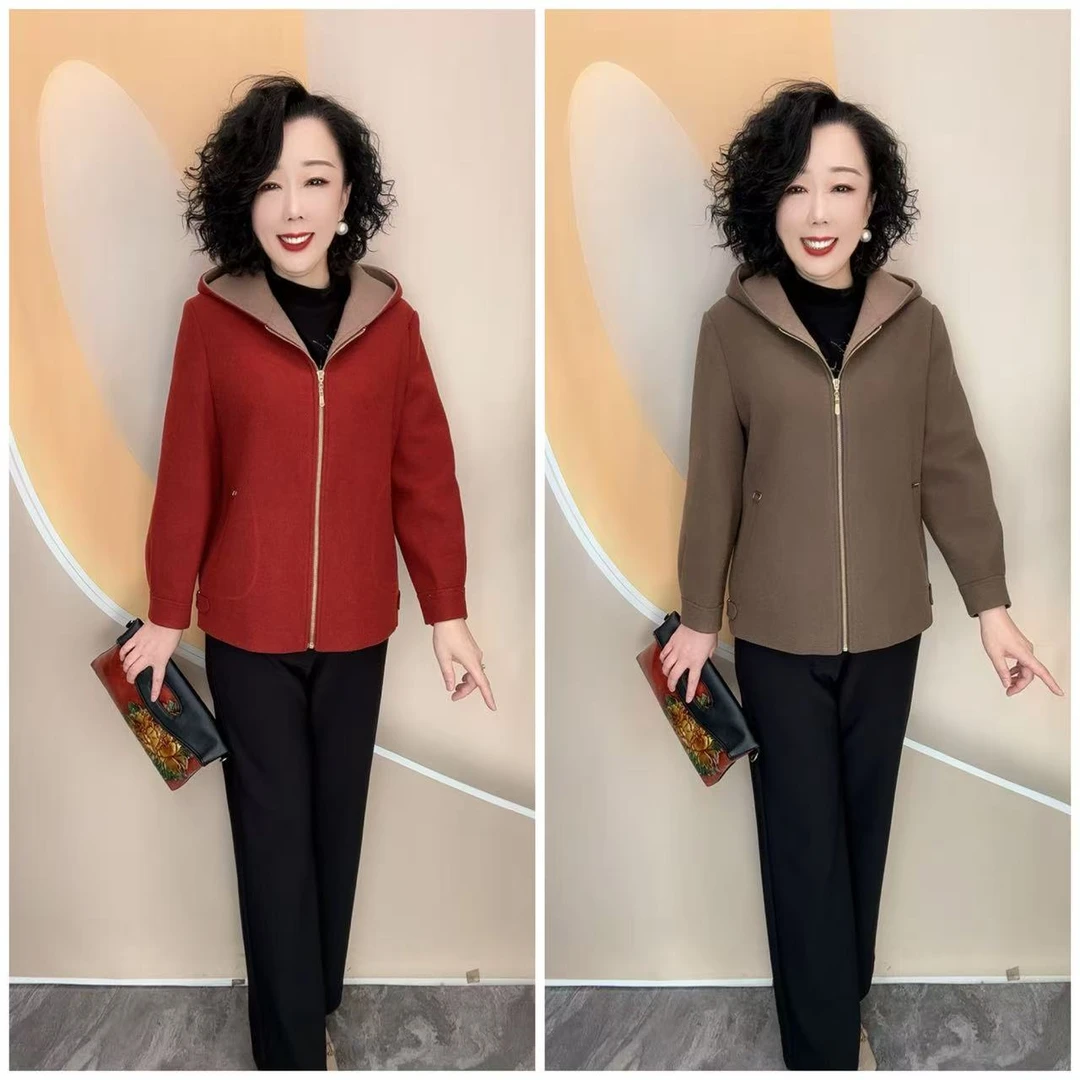 816新款优雅妈妈纯色加里衬宽松大码休闲毛呢厚外套，66衣长