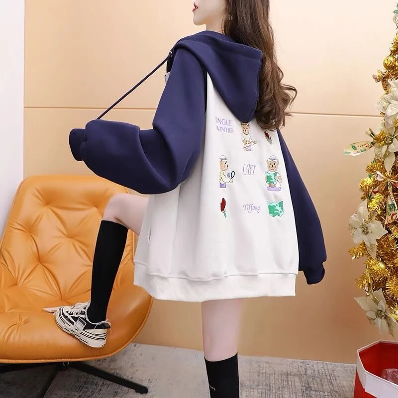 学生高中生可爱风刺绣洋气休闲连帽外套女春秋季薄款纯棉开衫拉链