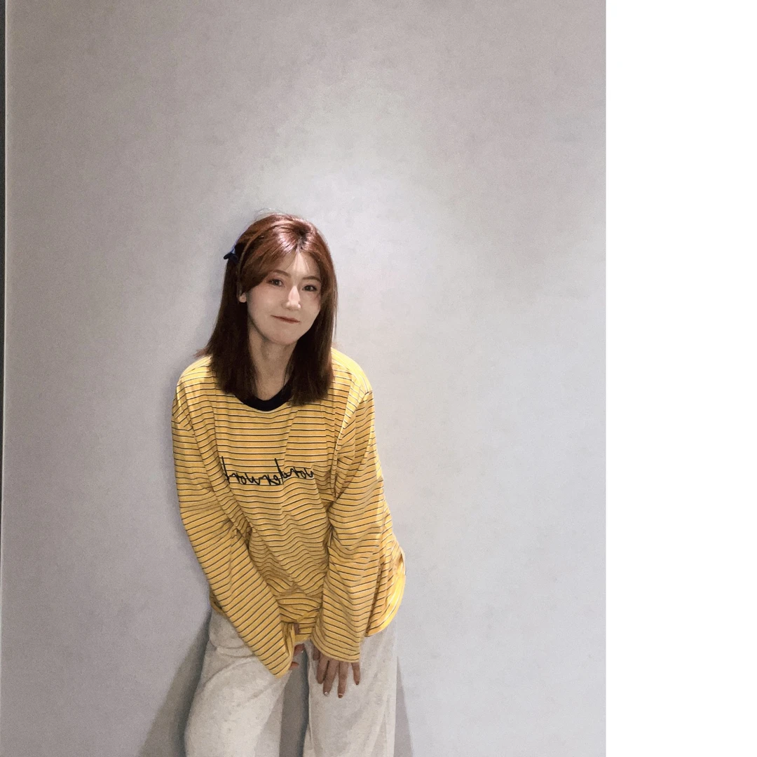 黄色韩系条纹长袖T恤