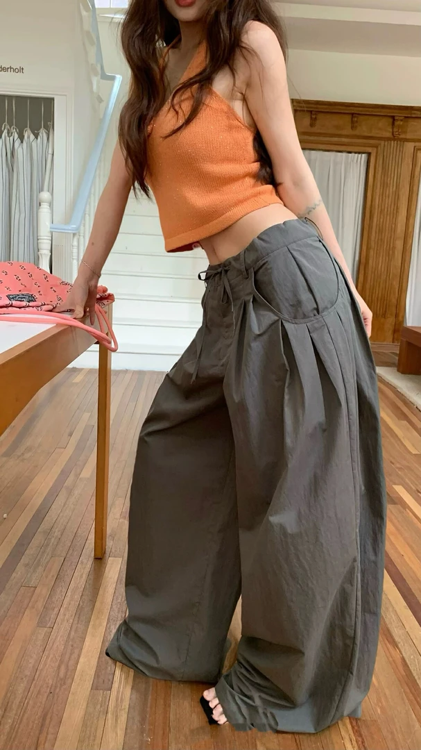 2025新款夏季工装风速干料阔腿拖地裤伞兵裤女