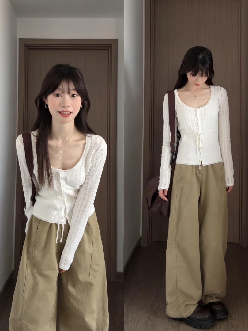 韩系镂空系带长袖t恤女春季bm风气质修身显瘦设计感针织衫上衣潮