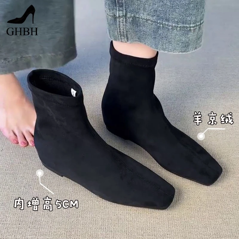 羊皮~内增高法式复古方头绒面短靴女新款气质百搭厚底瘦瘦靴