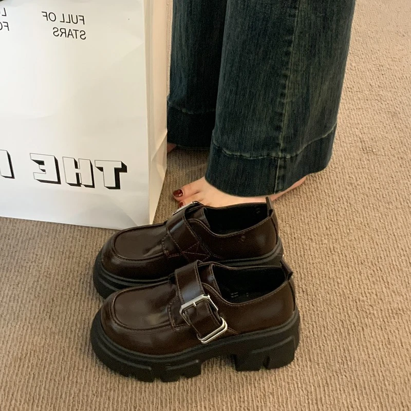 黑色皮鞋SJ2025厚底百搭增高中跟复古英伦风乐福鞋玛丽珍JK单鞋新