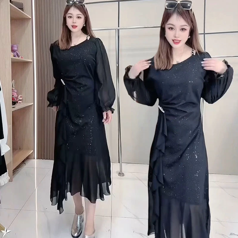 韩版收腰秋季显瘦大码连衣裙中长裙气质长袖轻奢时尚减龄长款百搭