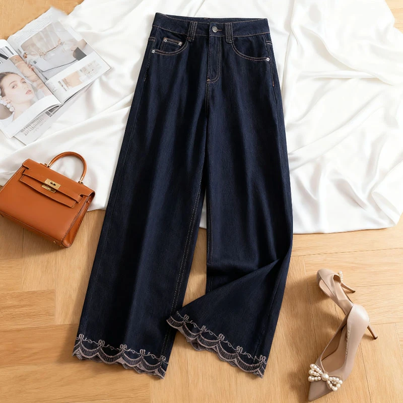 丹宁蓝刺绣阔腿牛仔裤女春秋季2025新款高腰显瘦小个子九分直筒裤