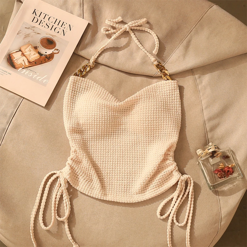 欧美辣妹链条绑带挂脖吊带背心女夏新款露肩美背短款无袖上衣外穿