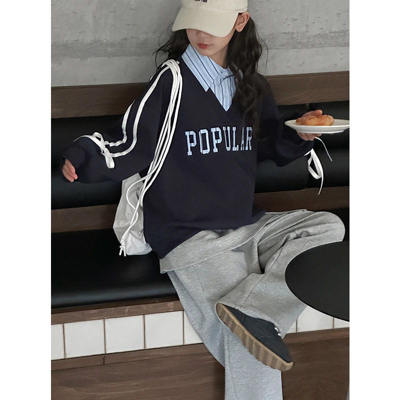 K28322学院风假两件女童卫衣2025春装新款儿童长袖上衣春秋打底衫