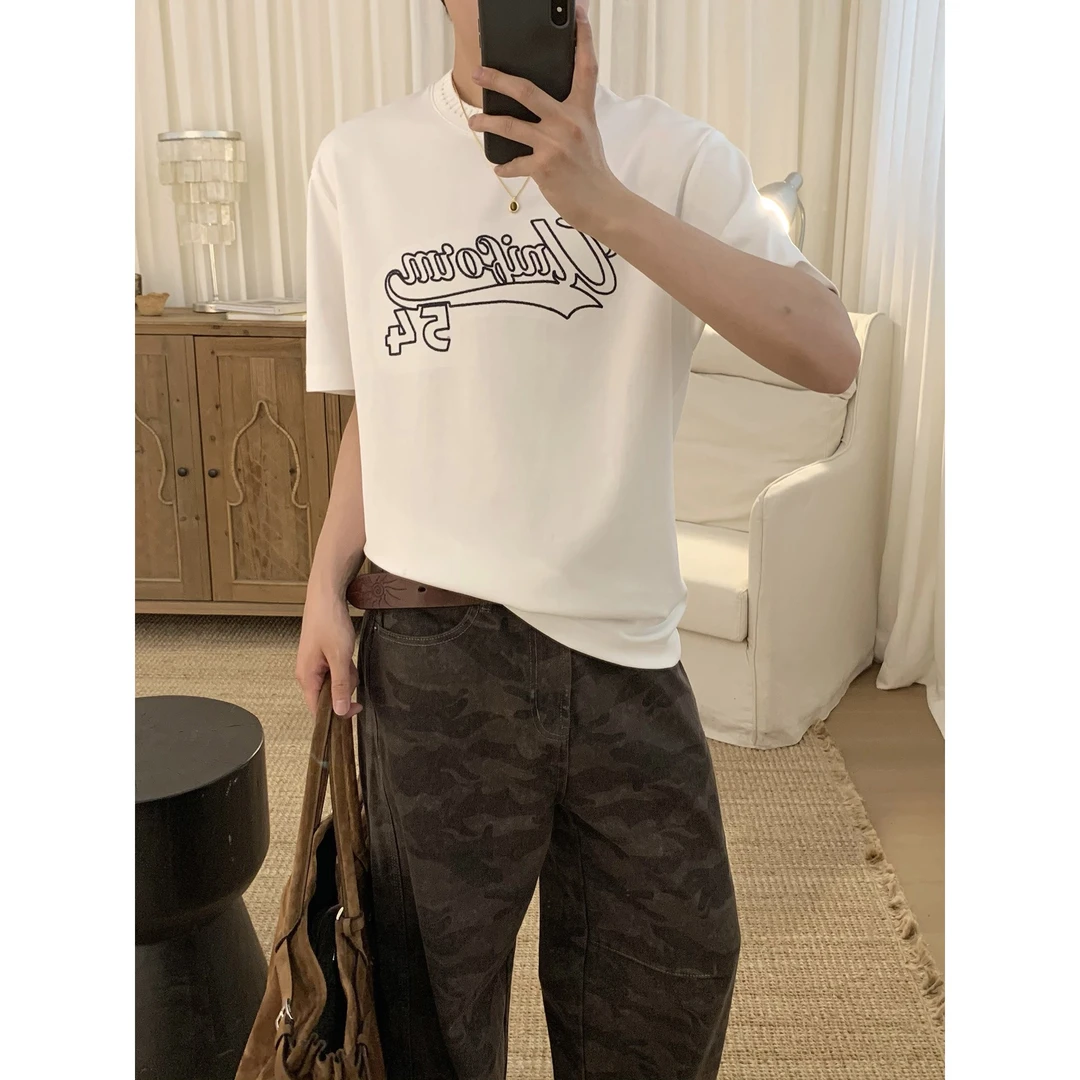 阿茶与阿古白色字母刺绣短袖t恤男夏季潮流宽松休闲上衣A2505107