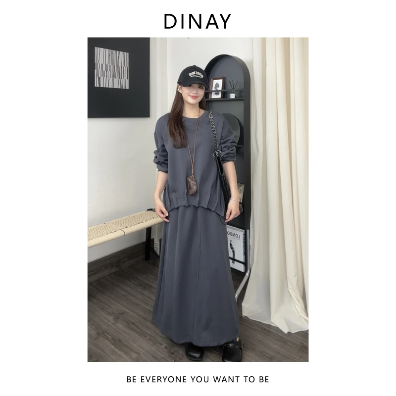DINAY迪奈 原创秋冬显瘦时尚卫衣休闲灰色高级长袖宽松圆领套装
