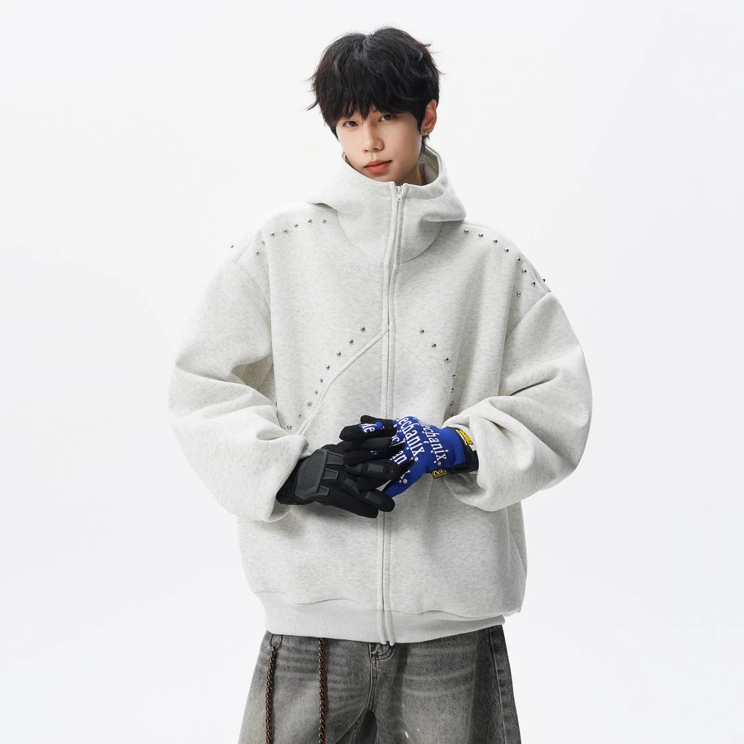 拼接铆钉拉链卫衣男女设计感潮牌上衣服百搭美式宽松连帽开衫外套