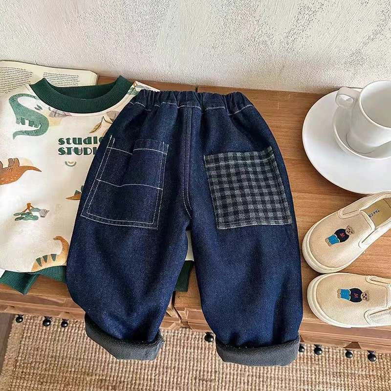 男童加绒裤子秋冬款2025新款儿童洋气牛仔裤酷帅男孩冬装休闲长裤