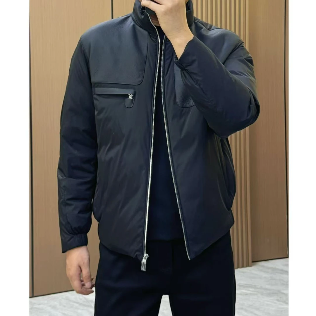 男士新款鹅绒立领拼皮羽绒服867695F1019黑色净版商务休闲简约