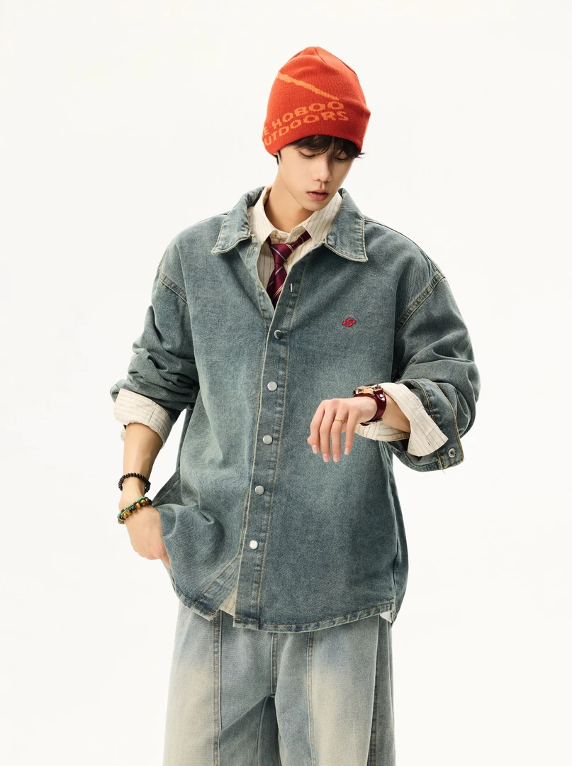A1MP秋季水洗字母绣花牛仔衬衫男宽松休闲长袖百搭男装上衣外套潮